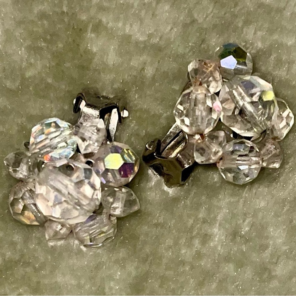 Vintage Aurora Borealis crystal faceted clip on earrings